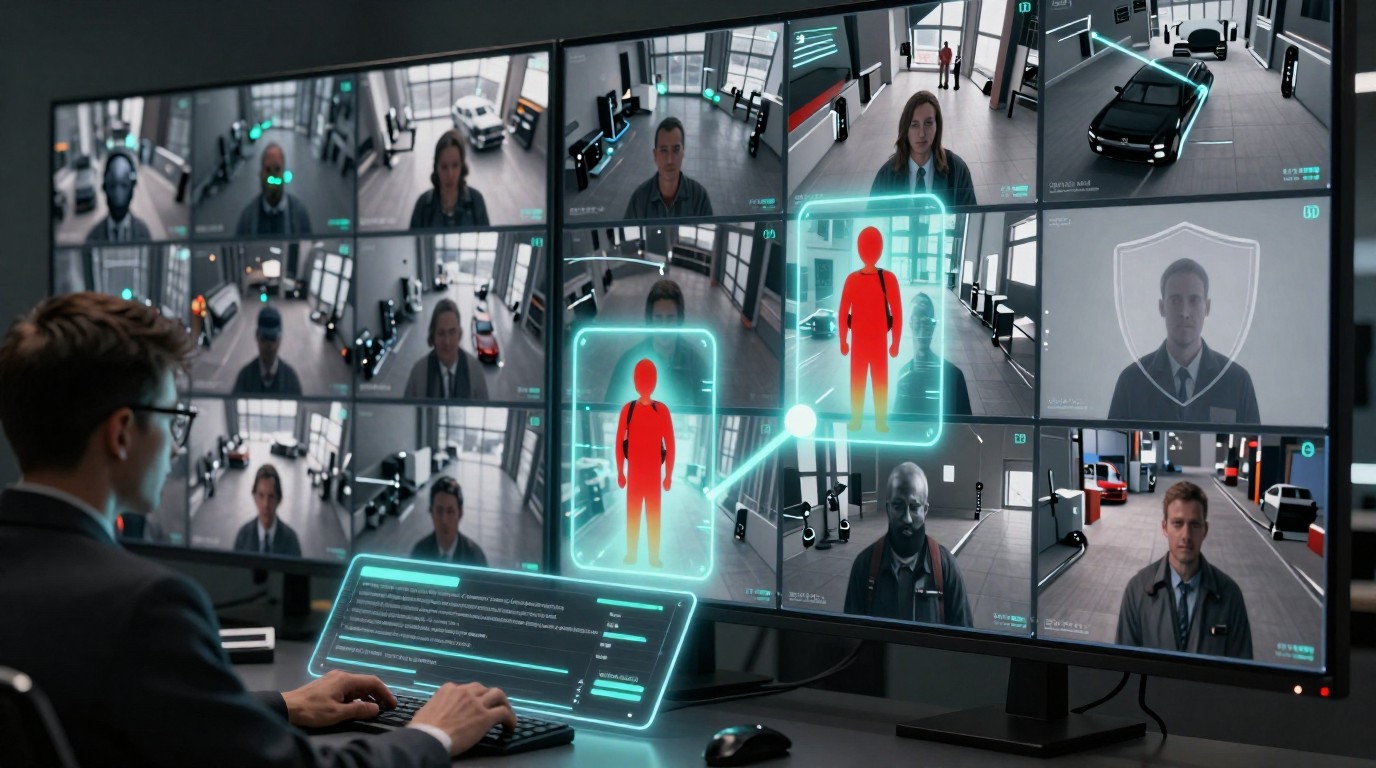 ค้นหาวิดีโอ CCTV ด้วย AI: ภาพผนังกล้องพร้อมกล่องตรวจจับและคำค้นภาษาธรรมชาติ